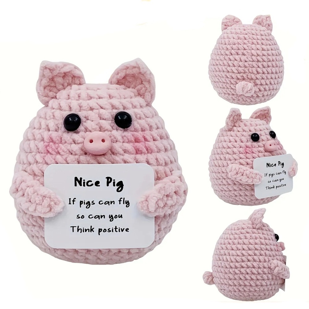 Pink Crochet Amigurumi Pig Mini Plush Toy with Motivational Card Gift